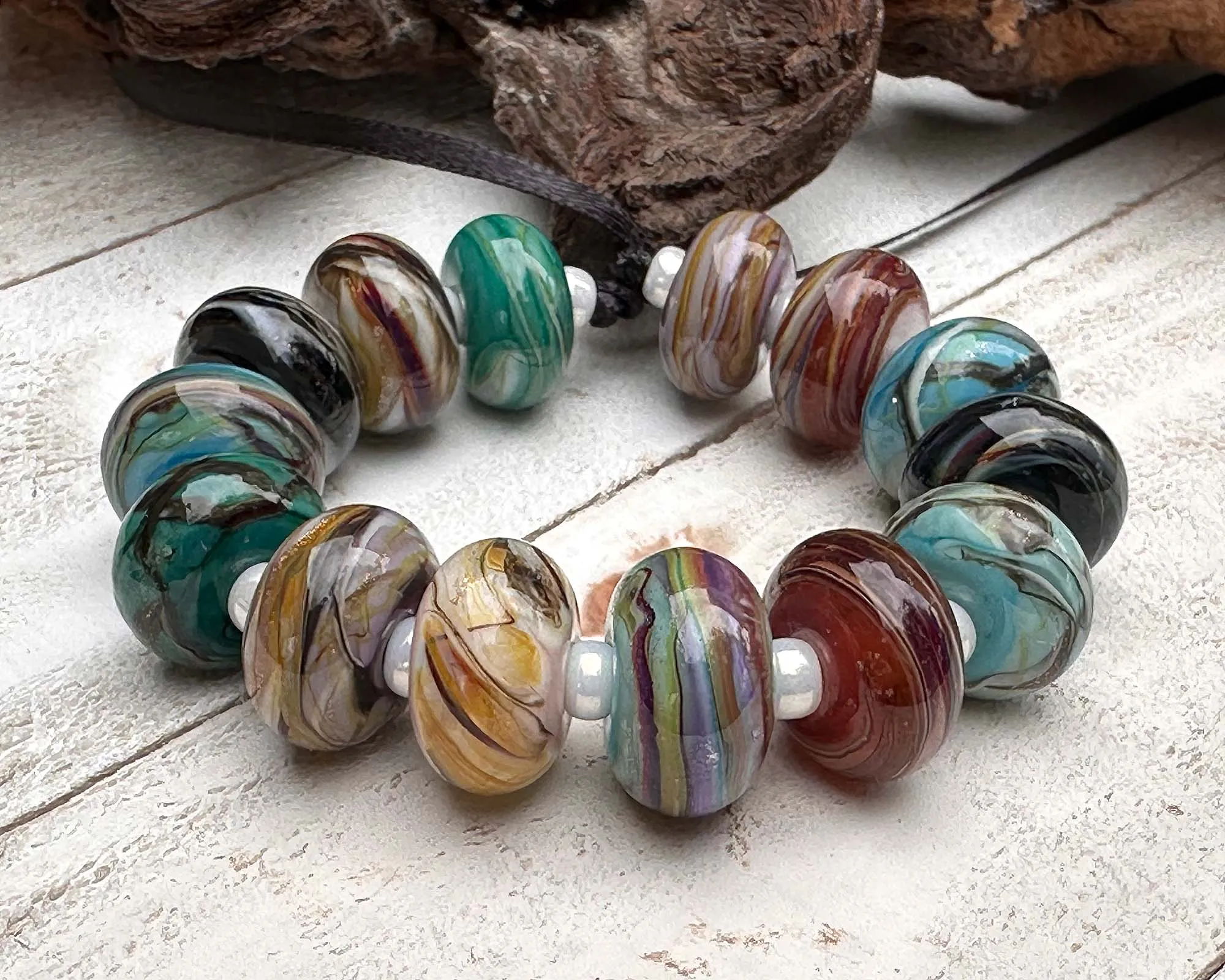 14 Desert Opal Gems Lampwork Beads Set SRA