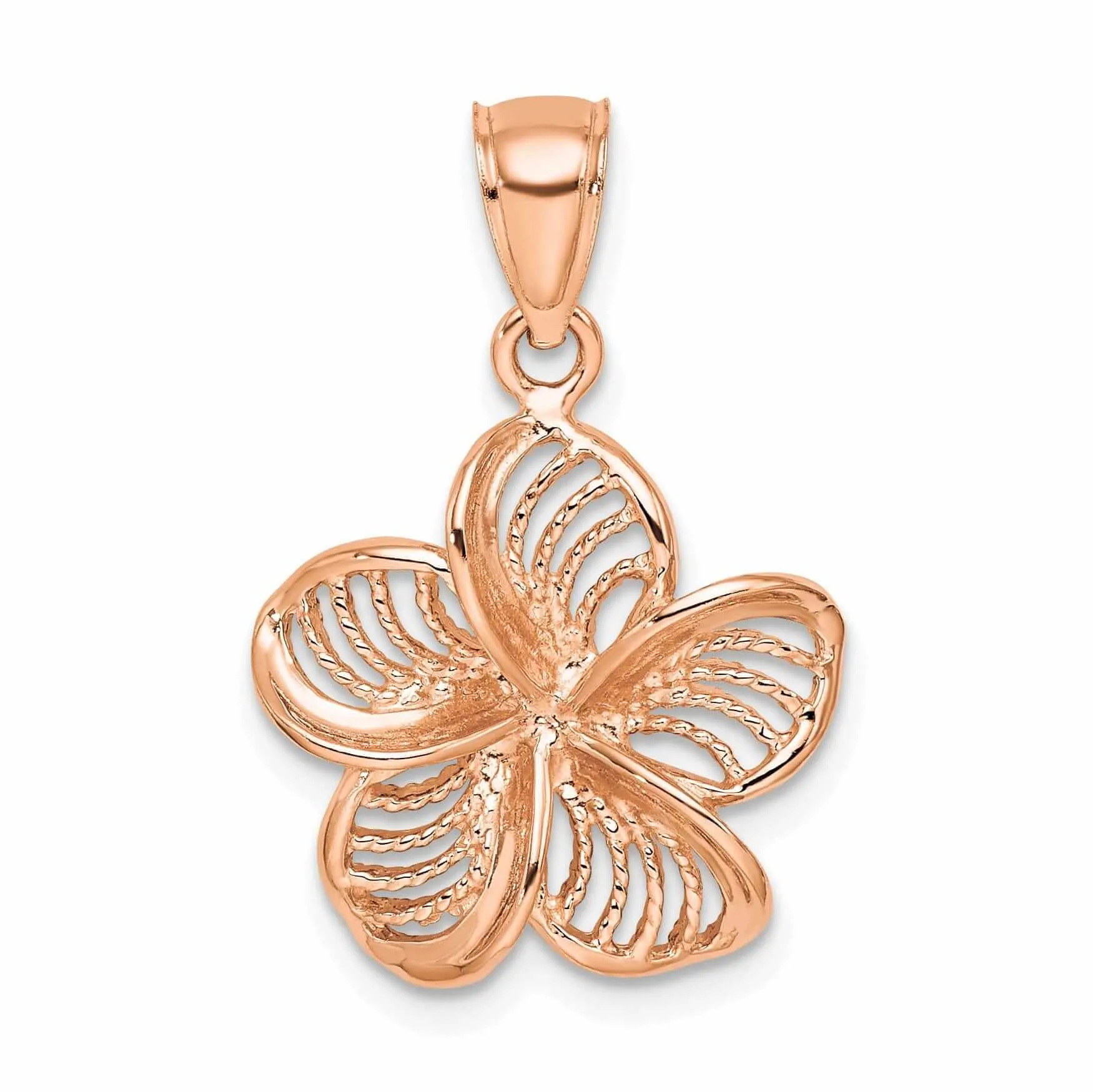 14k Rose Gold Textured Back Solid Beaded Polished Finish Plumeria Flower Charm Pendant