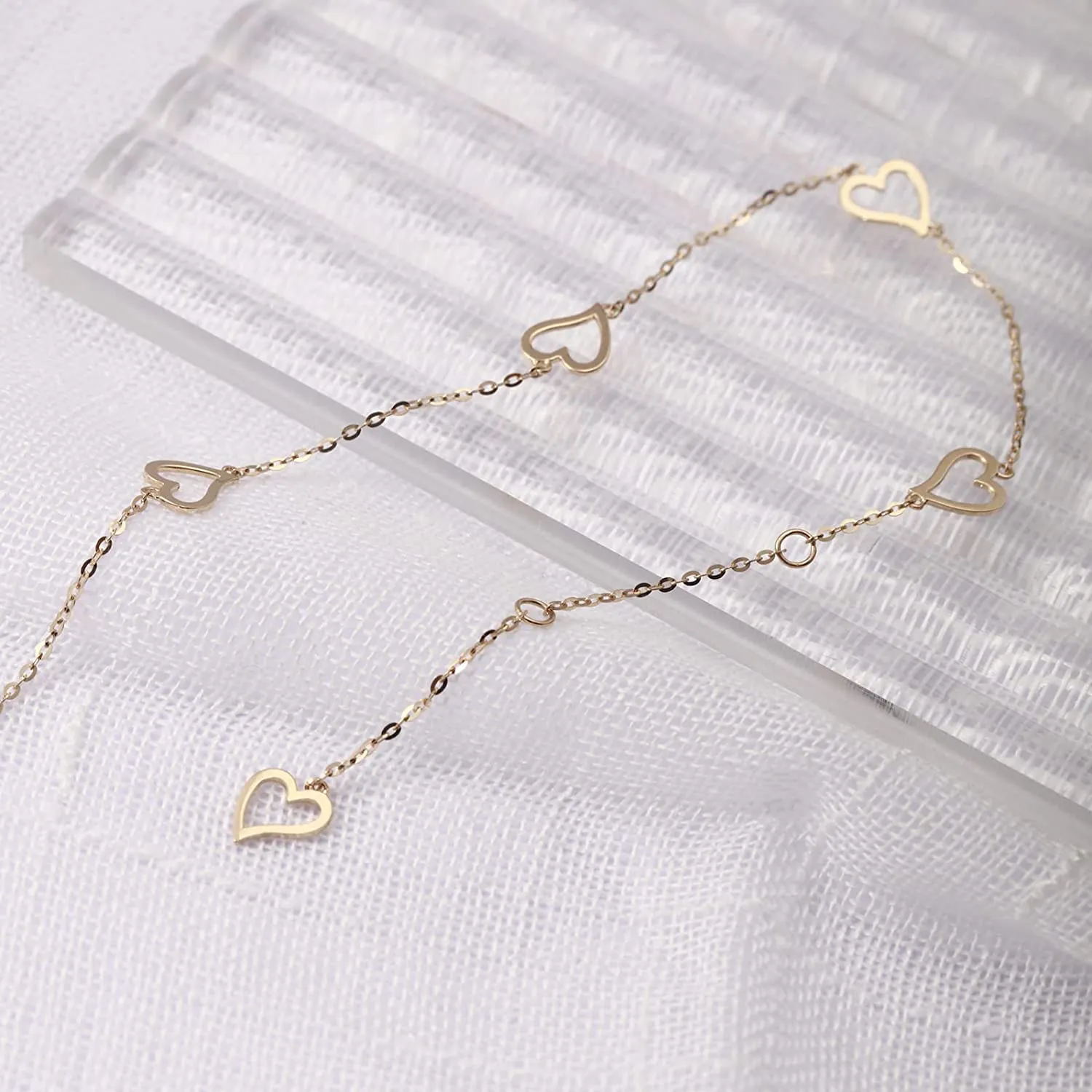 14K Solid Yellow Gold Open Heart Delicate Simple Thin Bracelet