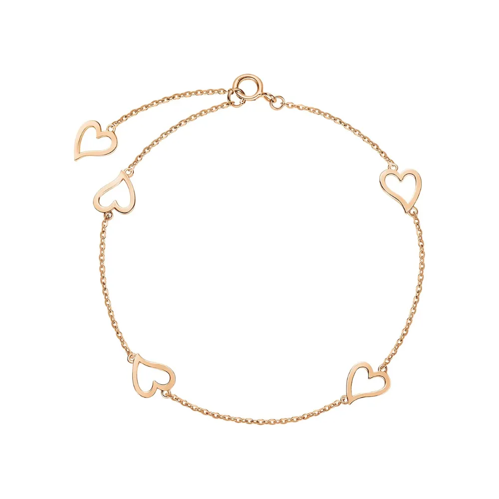 14K Solid Yellow Gold Open Heart Delicate Simple Thin Bracelet