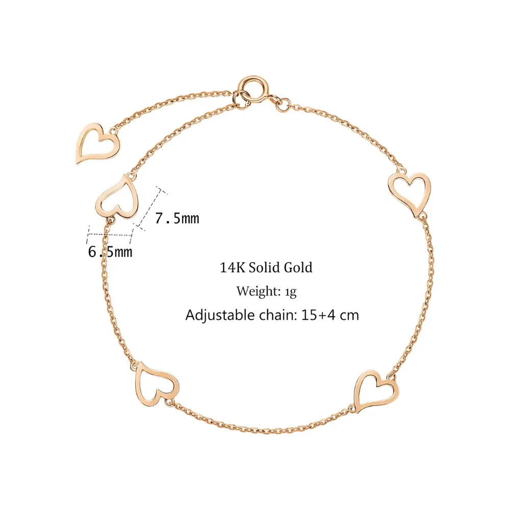 14K Solid Yellow Gold Open Heart Delicate Simple Thin Bracelet