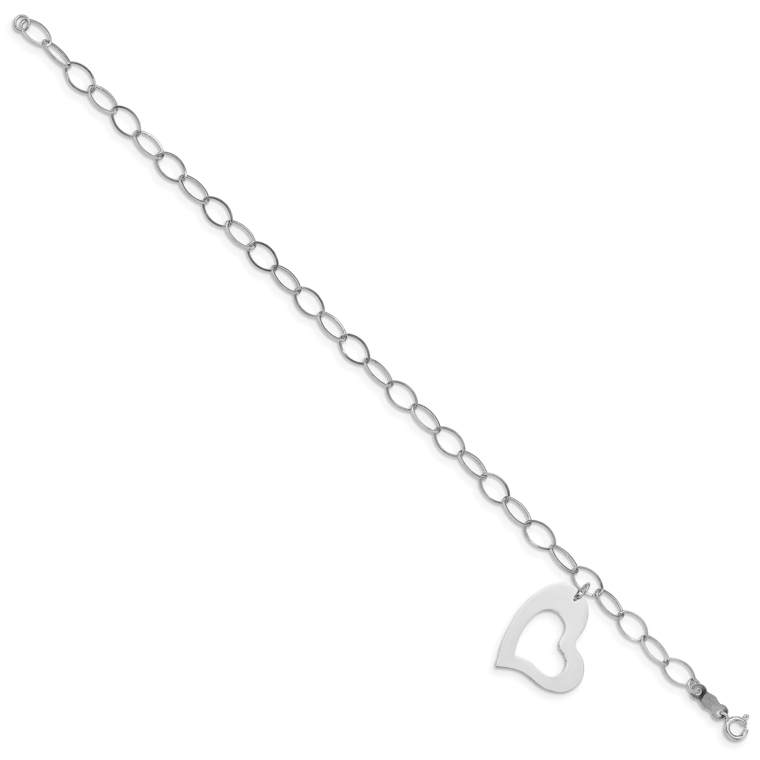 14K white gold oval link open chain heart design 7.25-inch bracelet