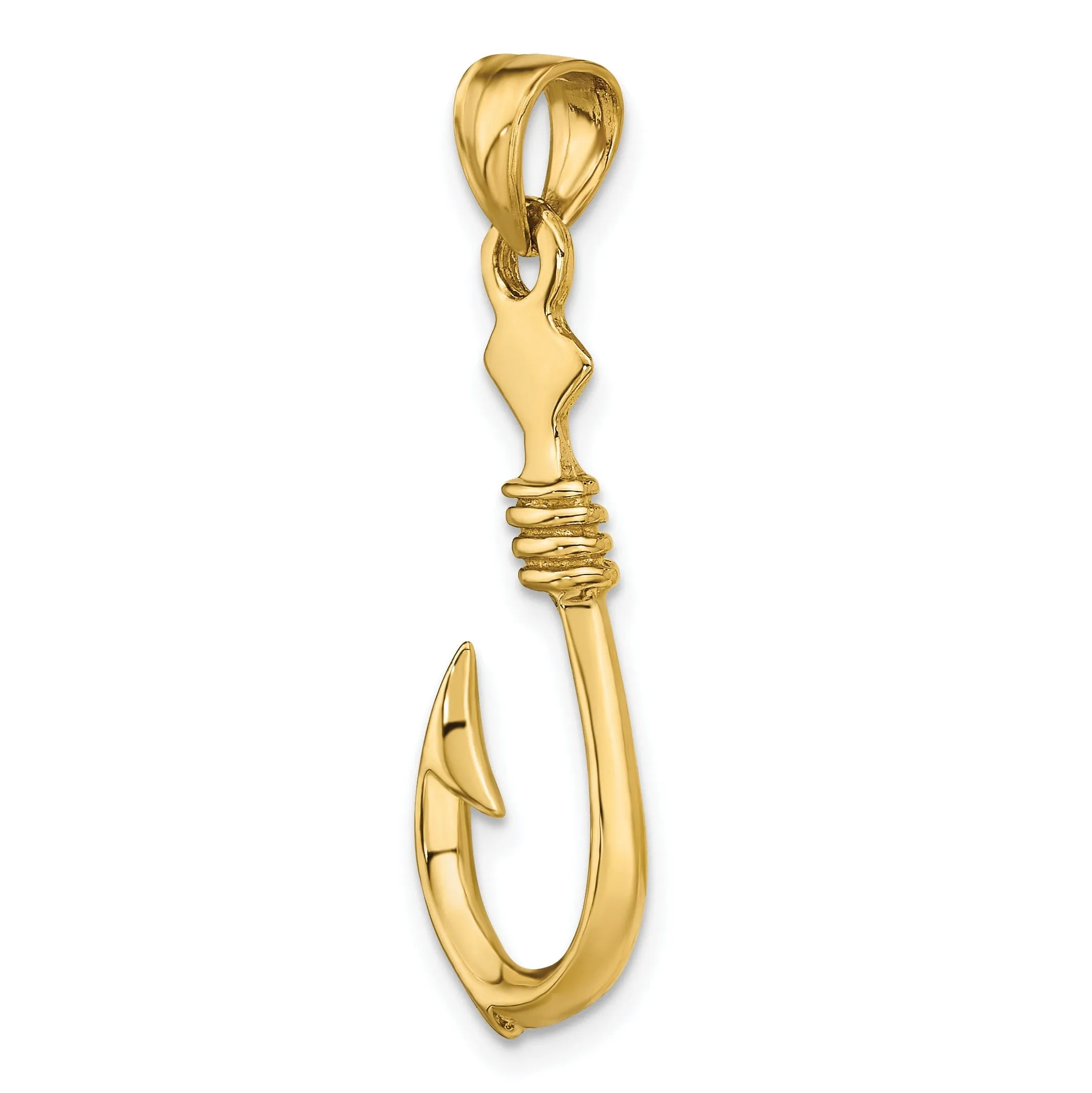 14K Yellow Gold Polished Finish 3-Dimensional Large Fish Hook with Rope Design Charm Pendant