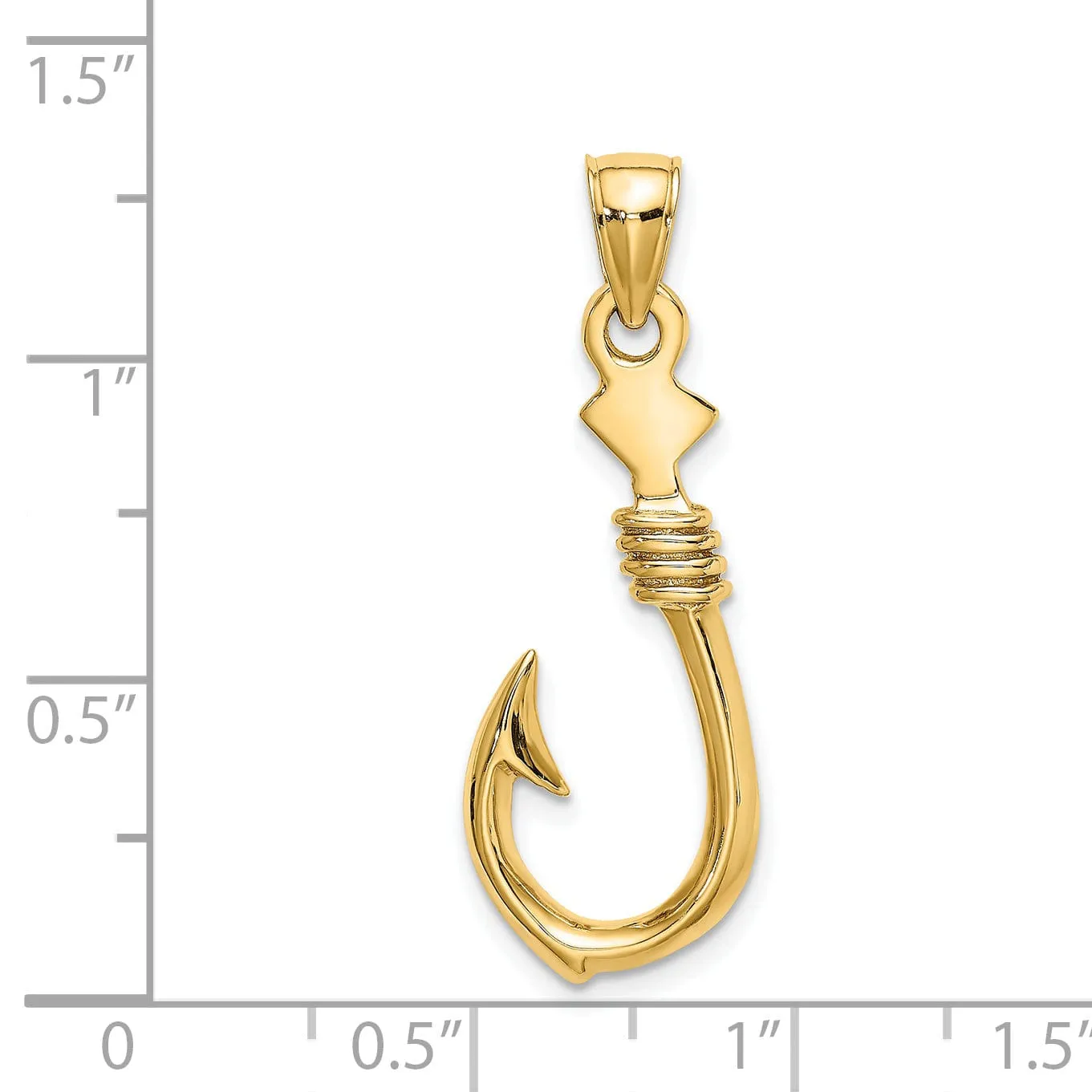 14K Yellow Gold Polished Finish 3-Dimensional Large Fish Hook with Rope Design Charm Pendant