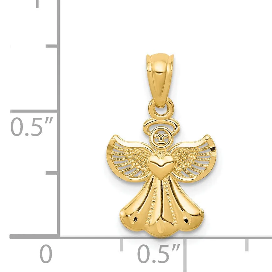 14k Yellow Gold Polished Finish Solid Concave Angel With Heart Pendant