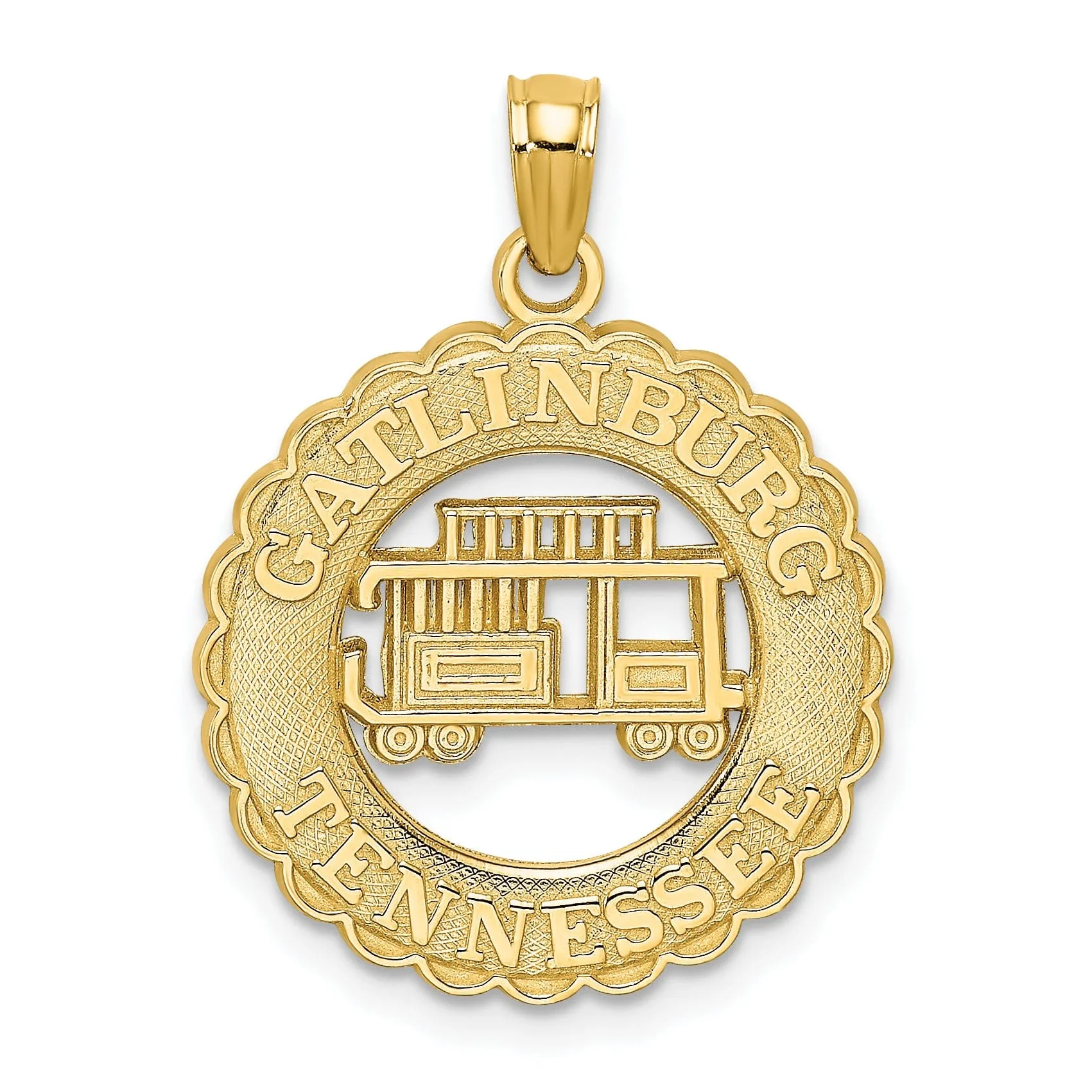 14k Yellow Gold Polished Textured Finish GATLINBURG TENNESSEE withTrolley Car in Lace Circle Design Charm Pendant