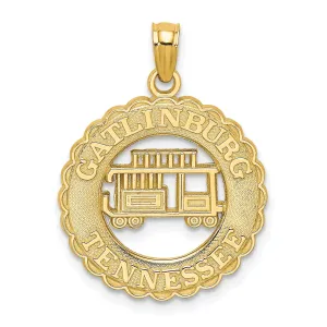 14k Yellow Gold Polished Textured Finish GATLINBURG TENNESSEE withTrolley Car in Lace Circle Design Charm Pendant