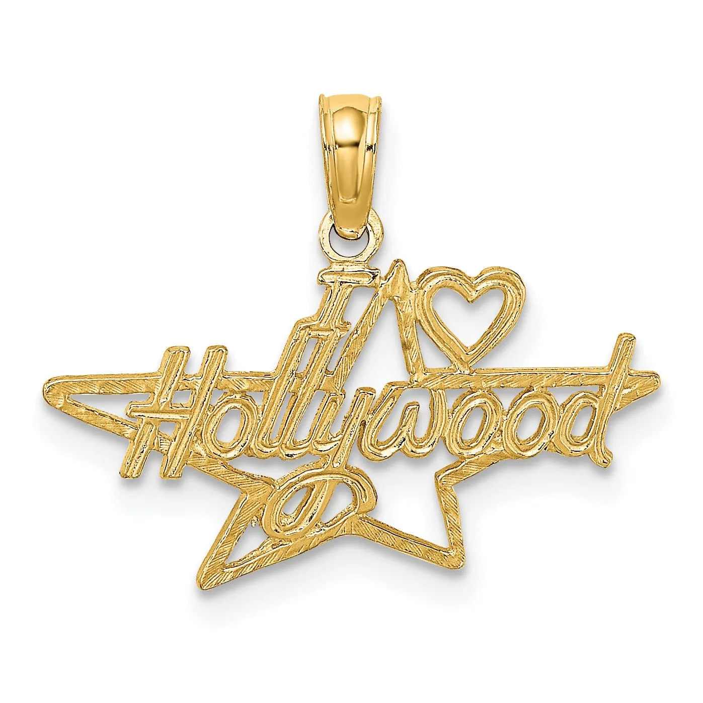 14k Yellow Gold Polished Textured Finish I HEART HOLLYWOOD Star Design Charm Pendant