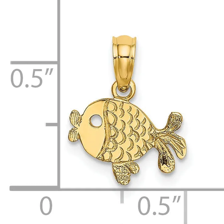 14K Yellow Gold Textured Polished Finish Playful Fish Design Charm Pendant