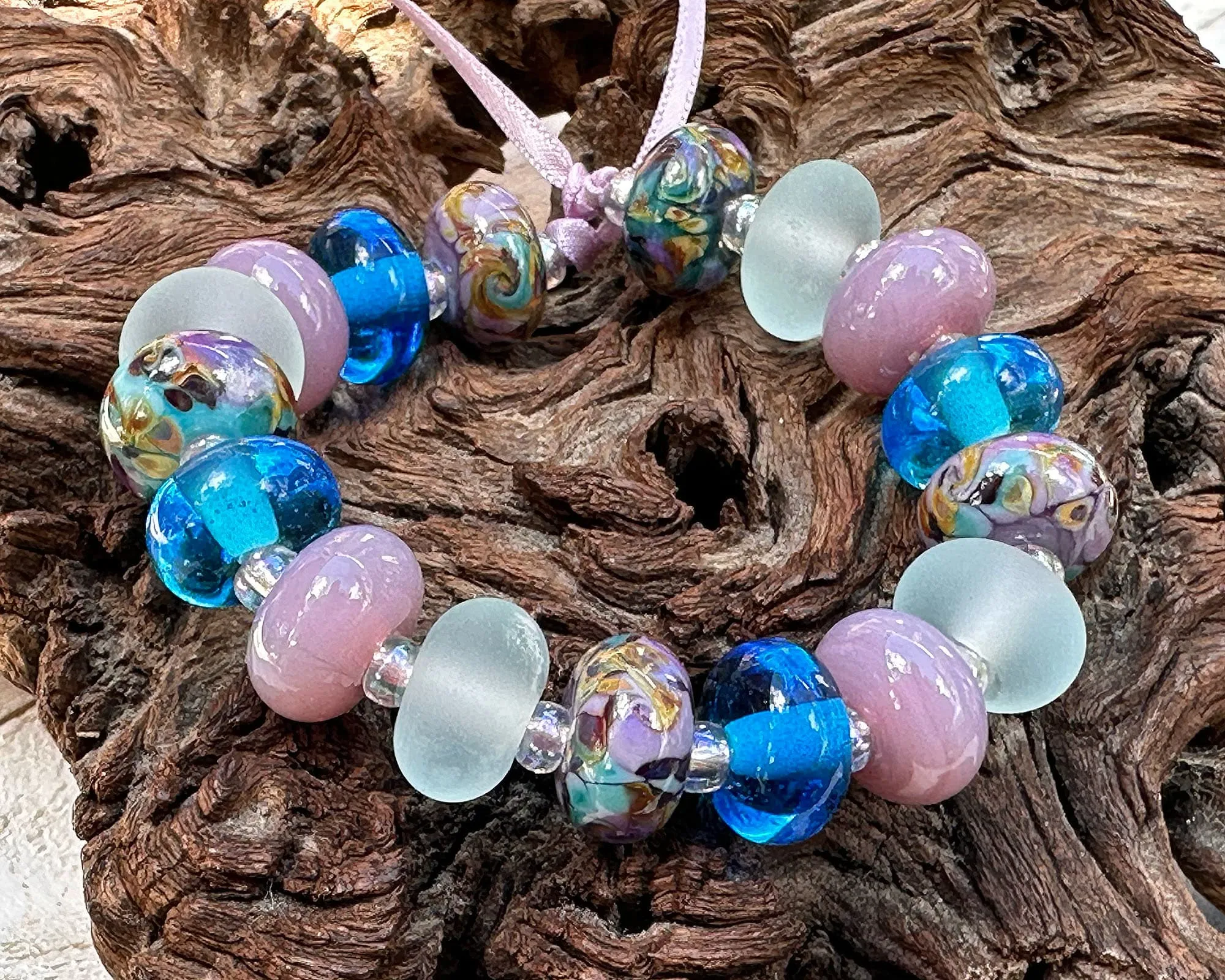 17 Aqua Purple Swirl Lampwork Beads Set SRA