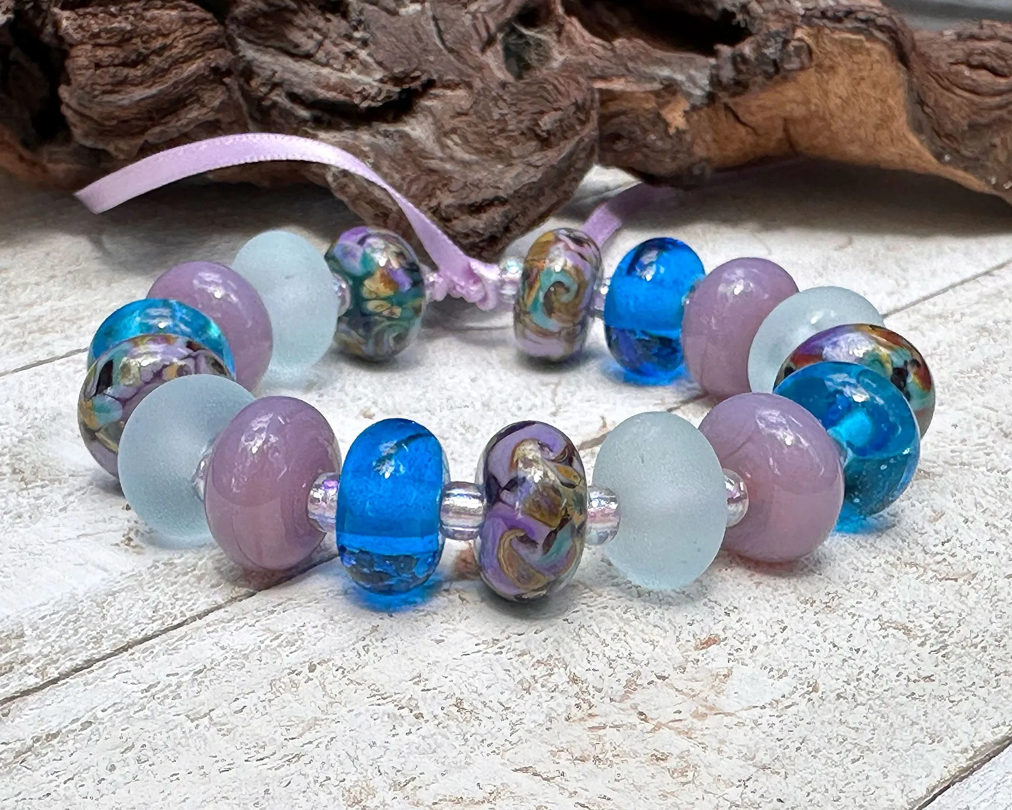 17 Aqua Purple Swirl Lampwork Beads Set SRA