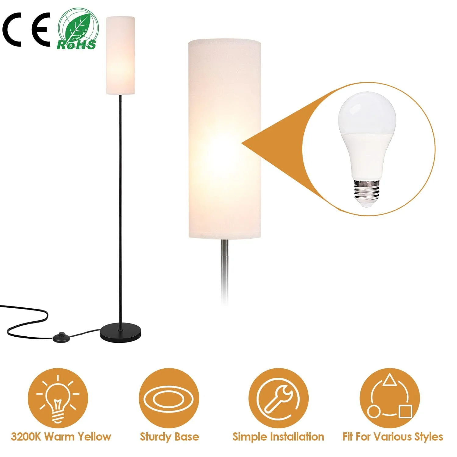 3200K Warm Yellow Light Modern Standing Lamp with Foot Switch 6W Bulb