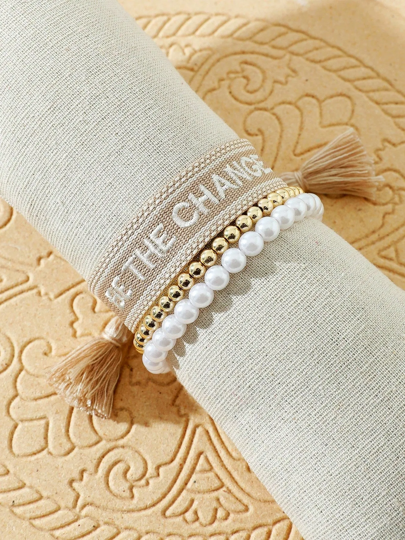 3pcs/set Be The Change Embroidered Tassel Decor Bracelet Women Bracelet