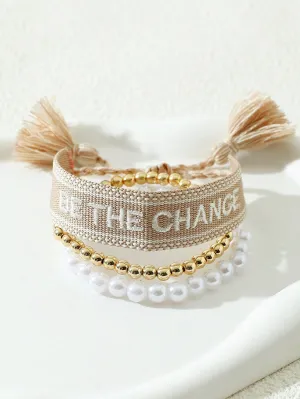 3pcs/set Be The Change Embroidered Tassel Decor Bracelet Women Bracelet