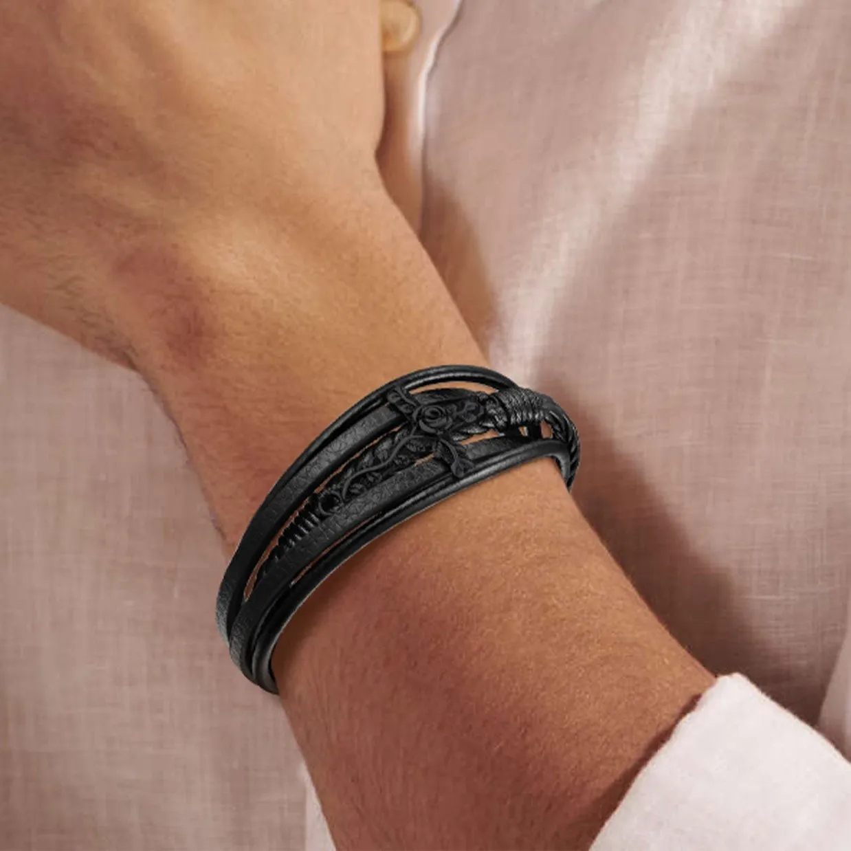 Black Rose Cross Braided Leather Bracelet Gift for Men