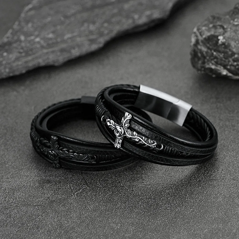 Black Rose Cross Braided Leather Bracelet Gift for Men