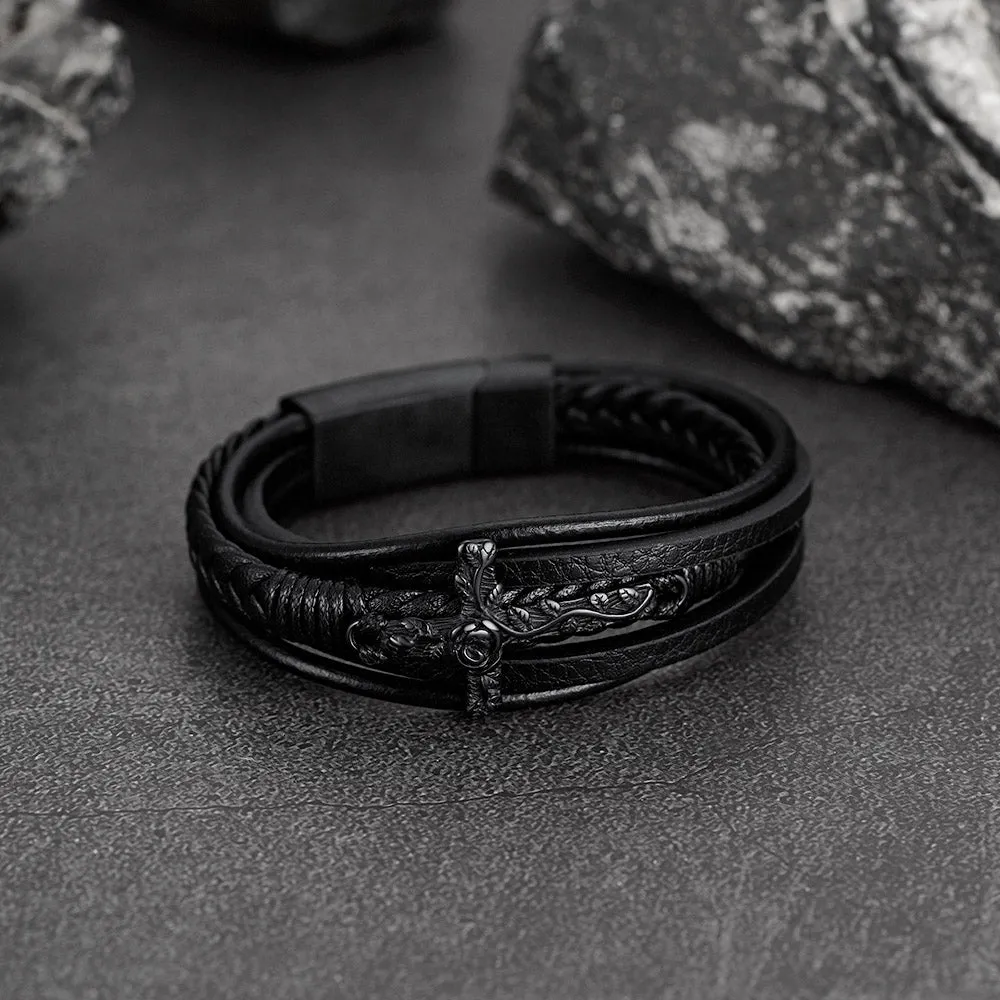 Black Rose Cross Braided Leather Bracelet Gift for Men