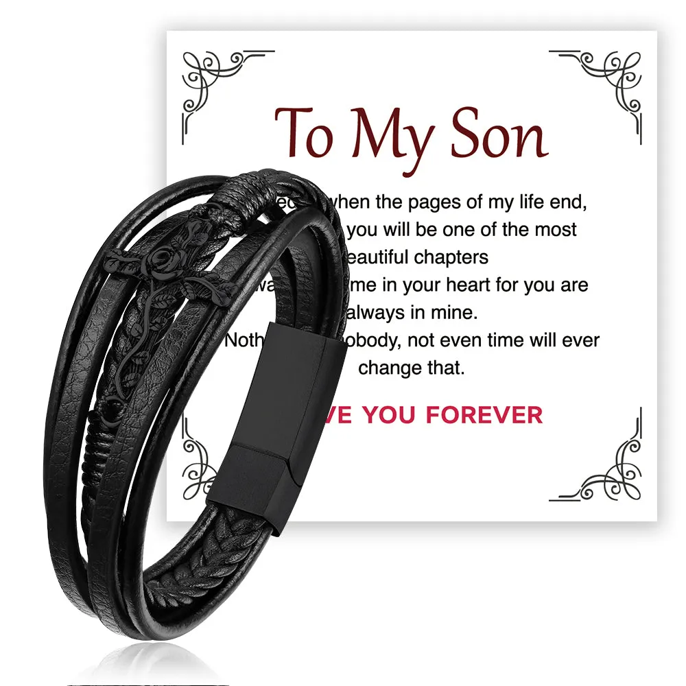 Black Rose Cross Braided Leather Bracelet Gift for Men