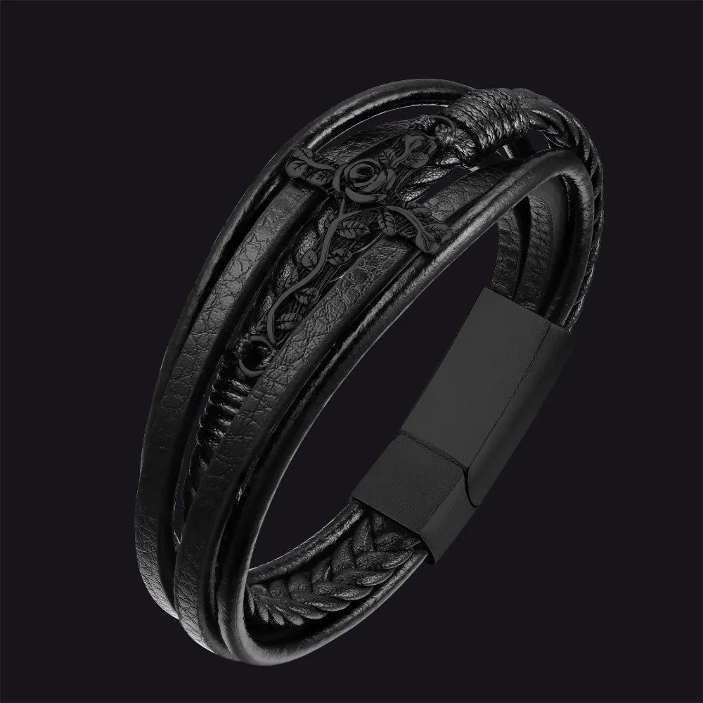 Black Rose Cross Braided Leather Bracelet Gift for Men