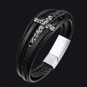 Black Rose Cross Braided Leather Bracelet Gift for Men