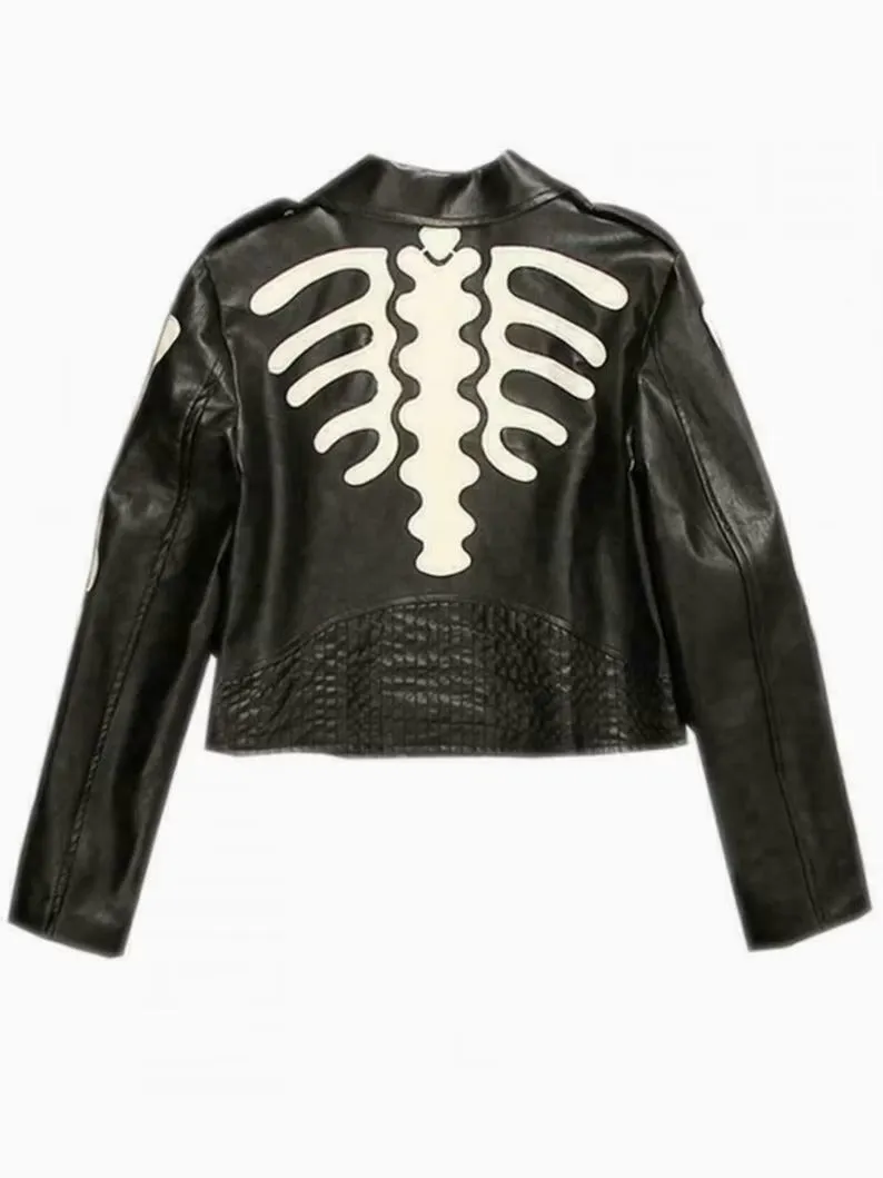 Black Skeleton Cowhide Leather Biker Jacket for Women