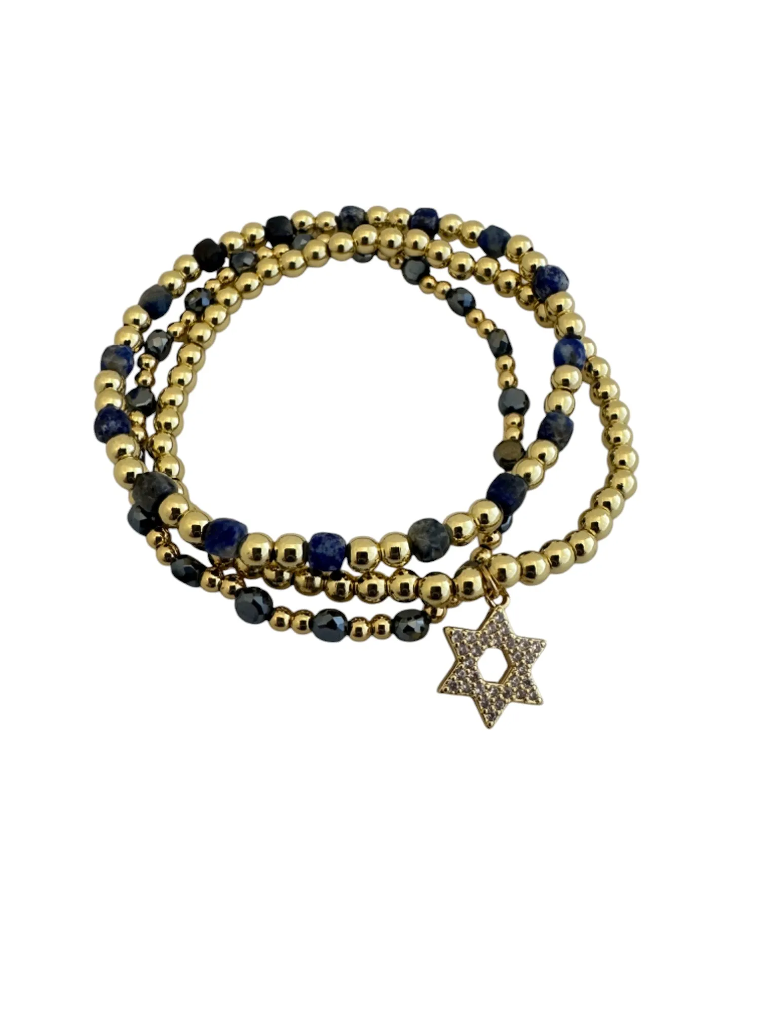 Blue and Gold Star of David Beaded Stretch Bracelet Set