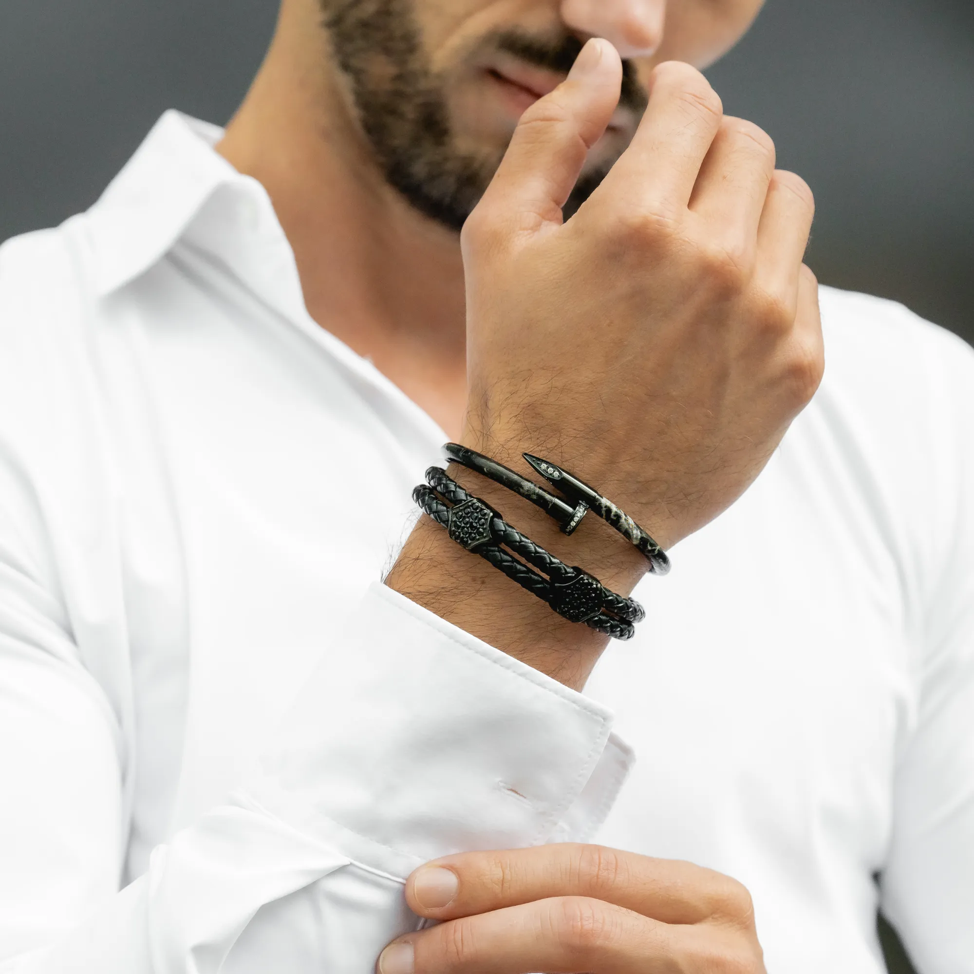 Bracelet Black Nail with Zircon - Black Leather