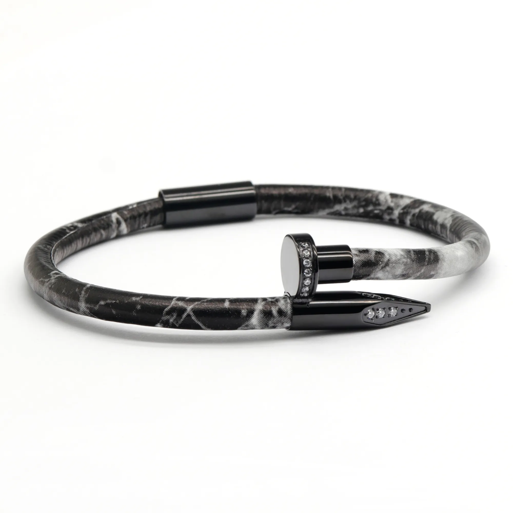 Bracelet Black Nail with Zircon - Black Leather