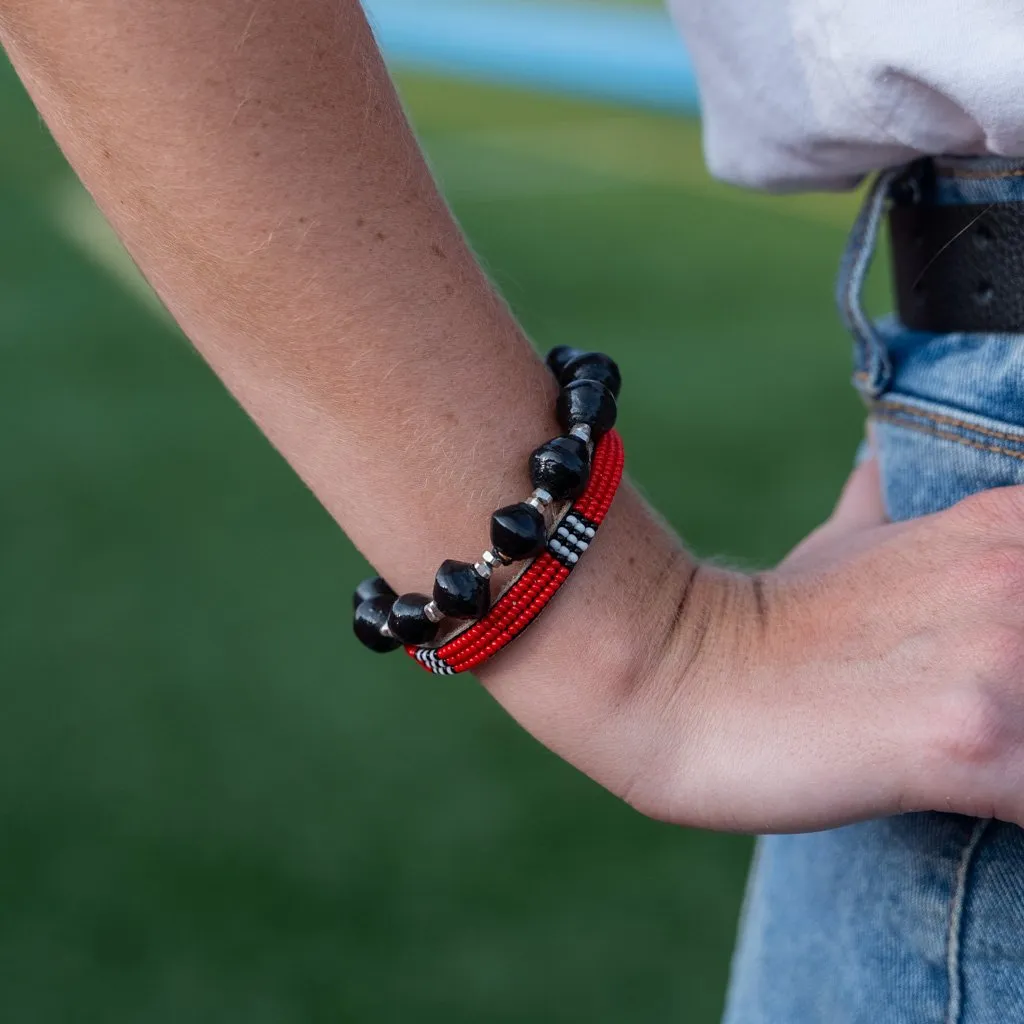 Bracelet -  Red Seed Bead and Leather