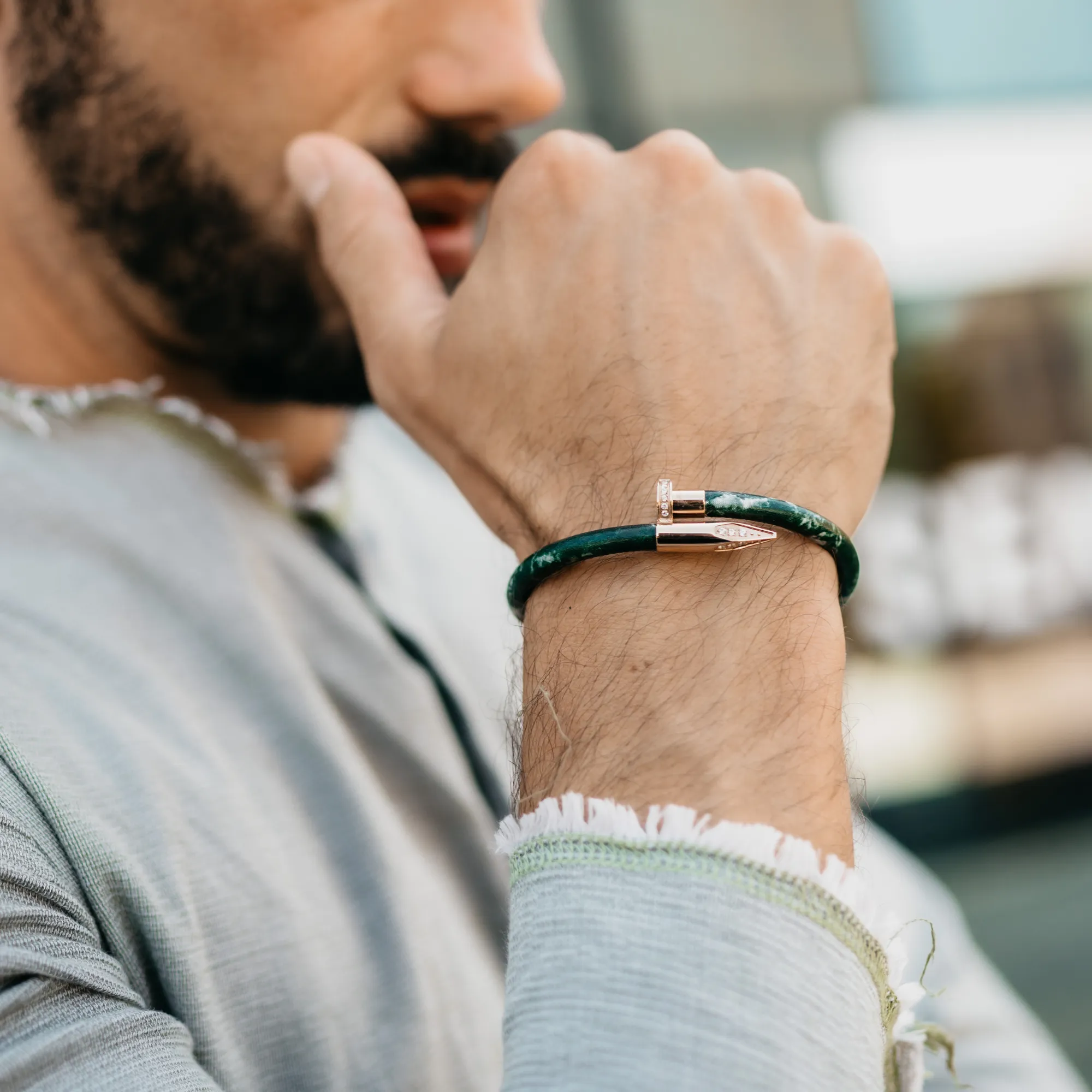 Bracelet Rose Gold Nail with Zircon - Green Leather