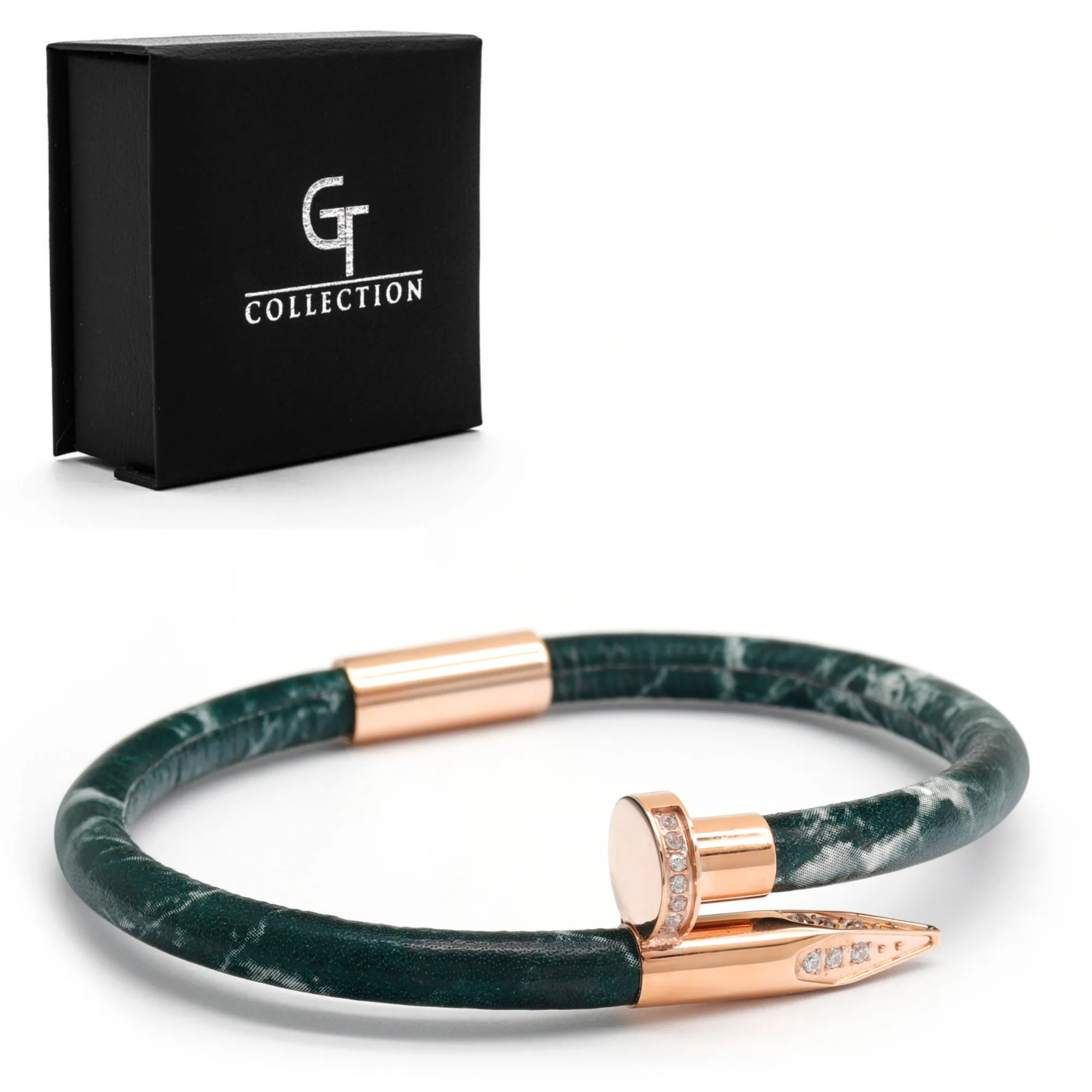 Bracelet Rose Gold Nail with Zircon - Green Leather