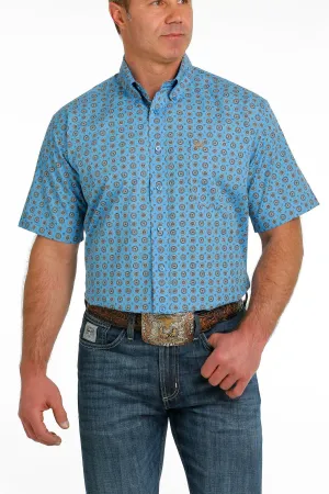 Cinch Mens Medallion Print Button-Down Western Short Sleeve Shirt - Blue/Gray