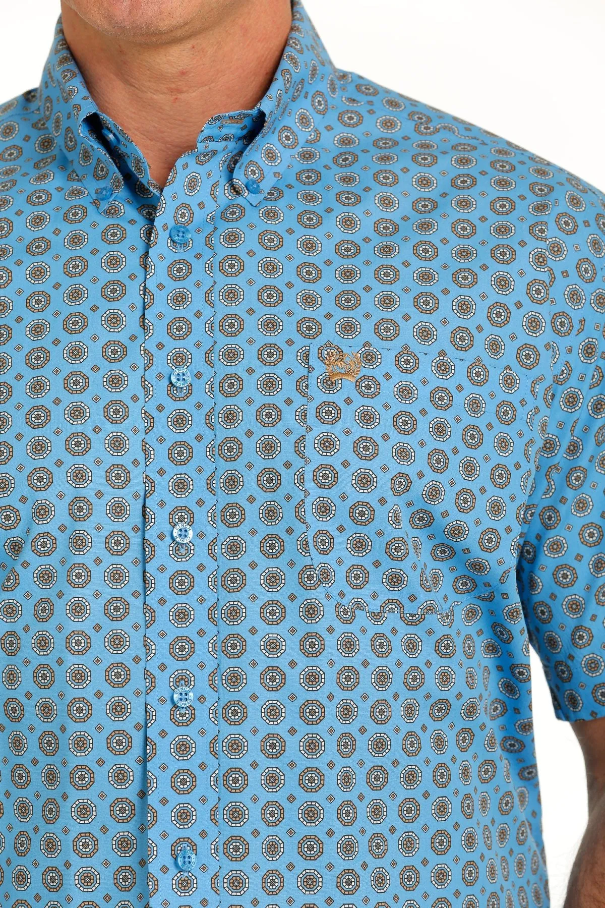 Cinch Mens Medallion Print Button-Down Western Short Sleeve Shirt - Blue/Gray