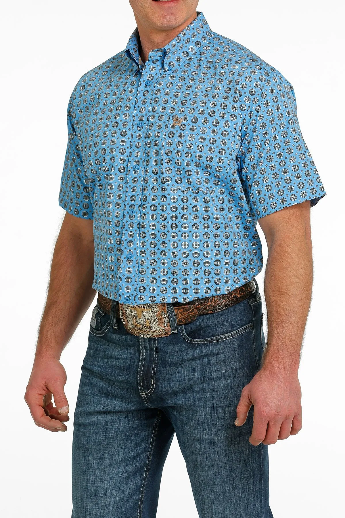 Cinch Mens Medallion Print Button-Down Western Short Sleeve Shirt - Blue/Gray