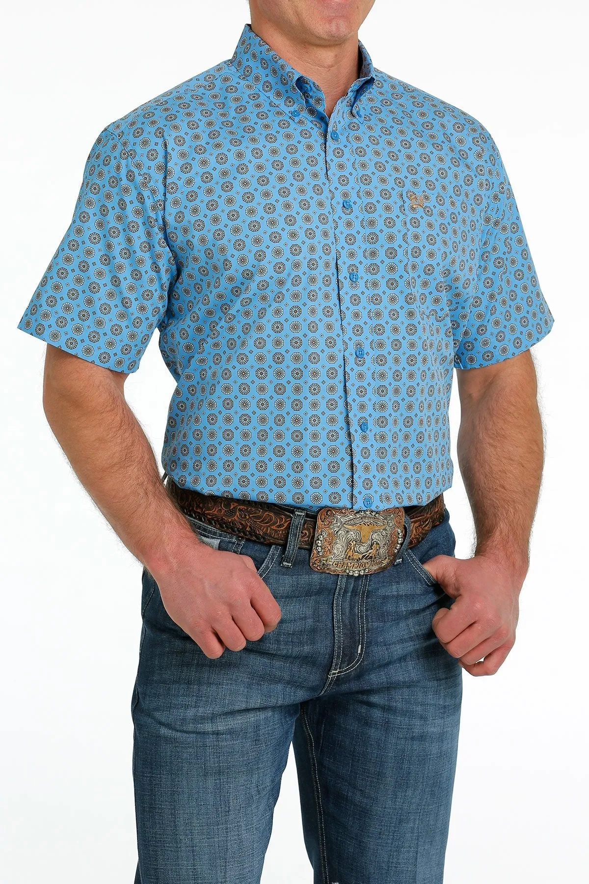 Cinch Mens Medallion Print Button-Down Western Short Sleeve Shirt - Blue/Gray