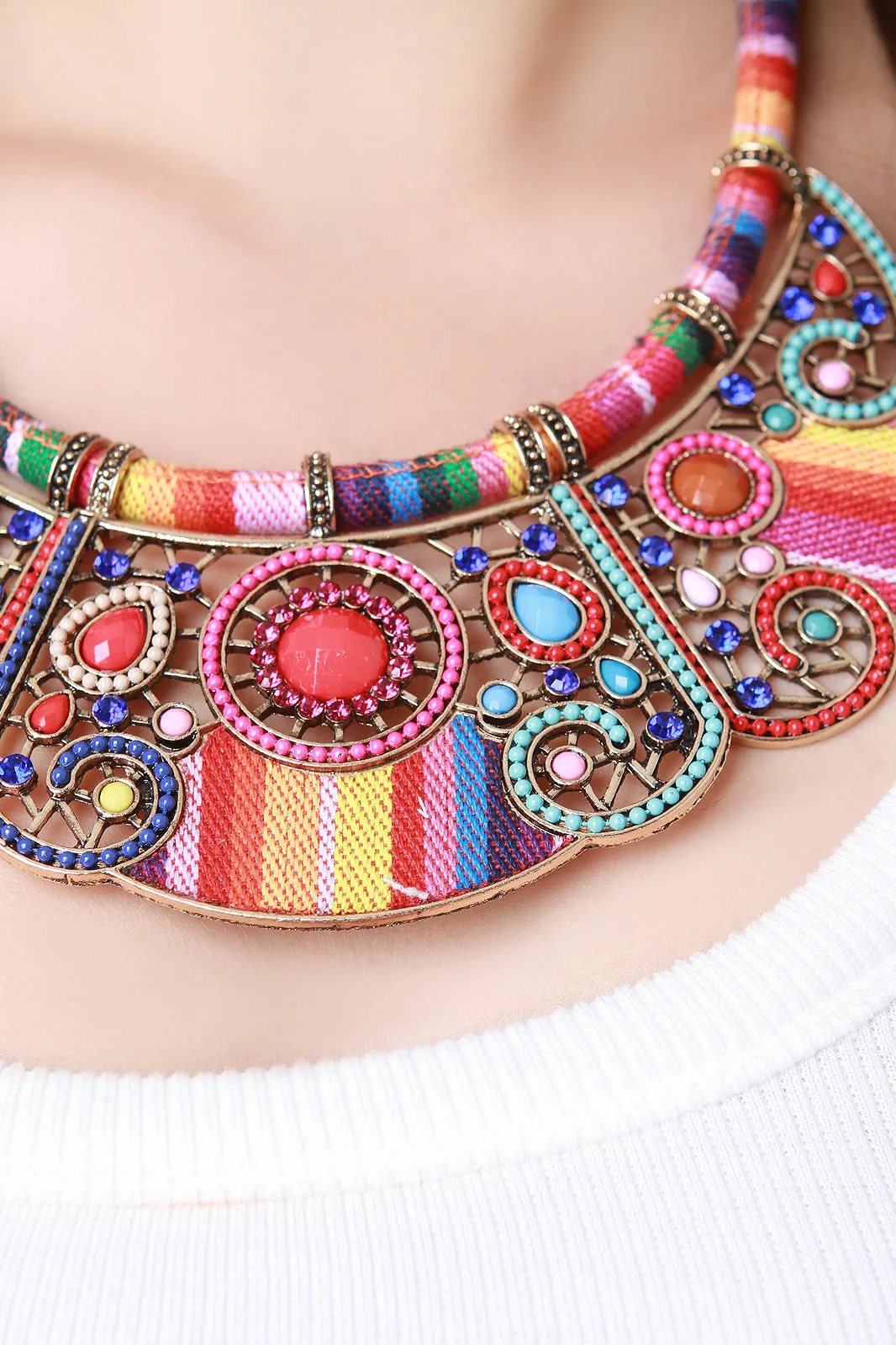 Colorful Rope Beaded Jewel Statement Bib Necklace