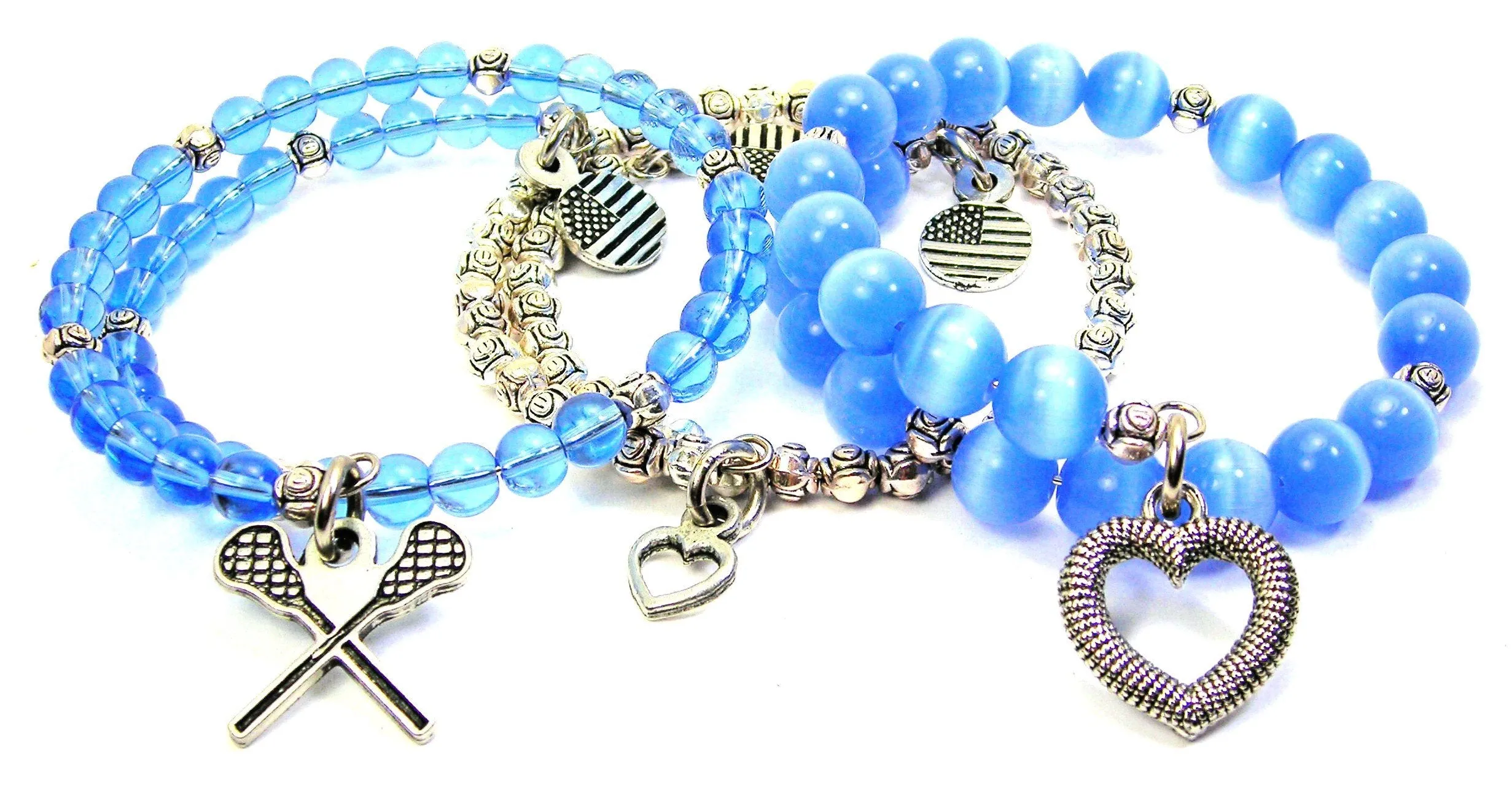 3-Piece Wrap Bracelet Set with Crossed Lacrosse Sticks, Cats Eye Glass, and Pewter Accents