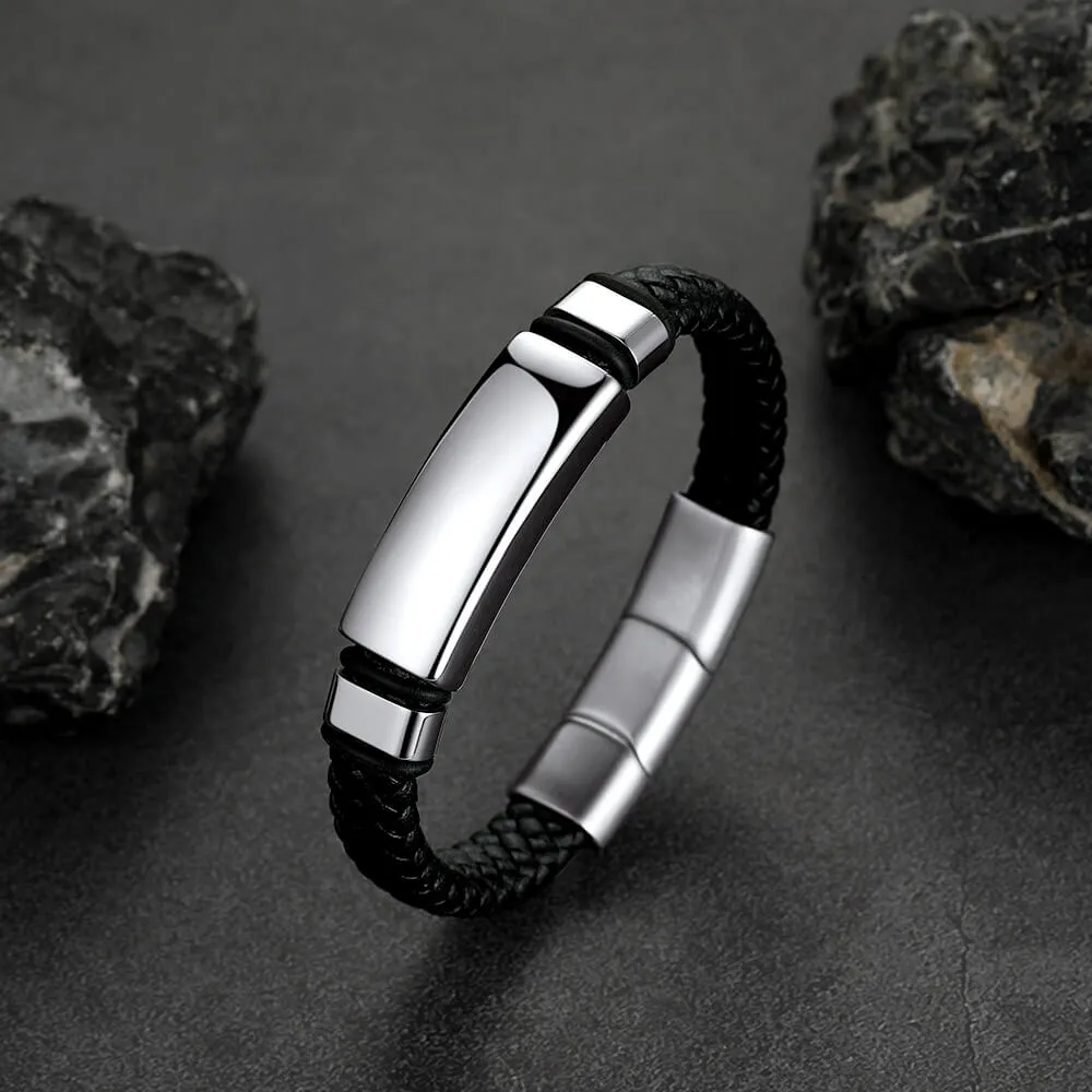 Custom Braided Black Engraved Leather Bracelet Cuff For Men