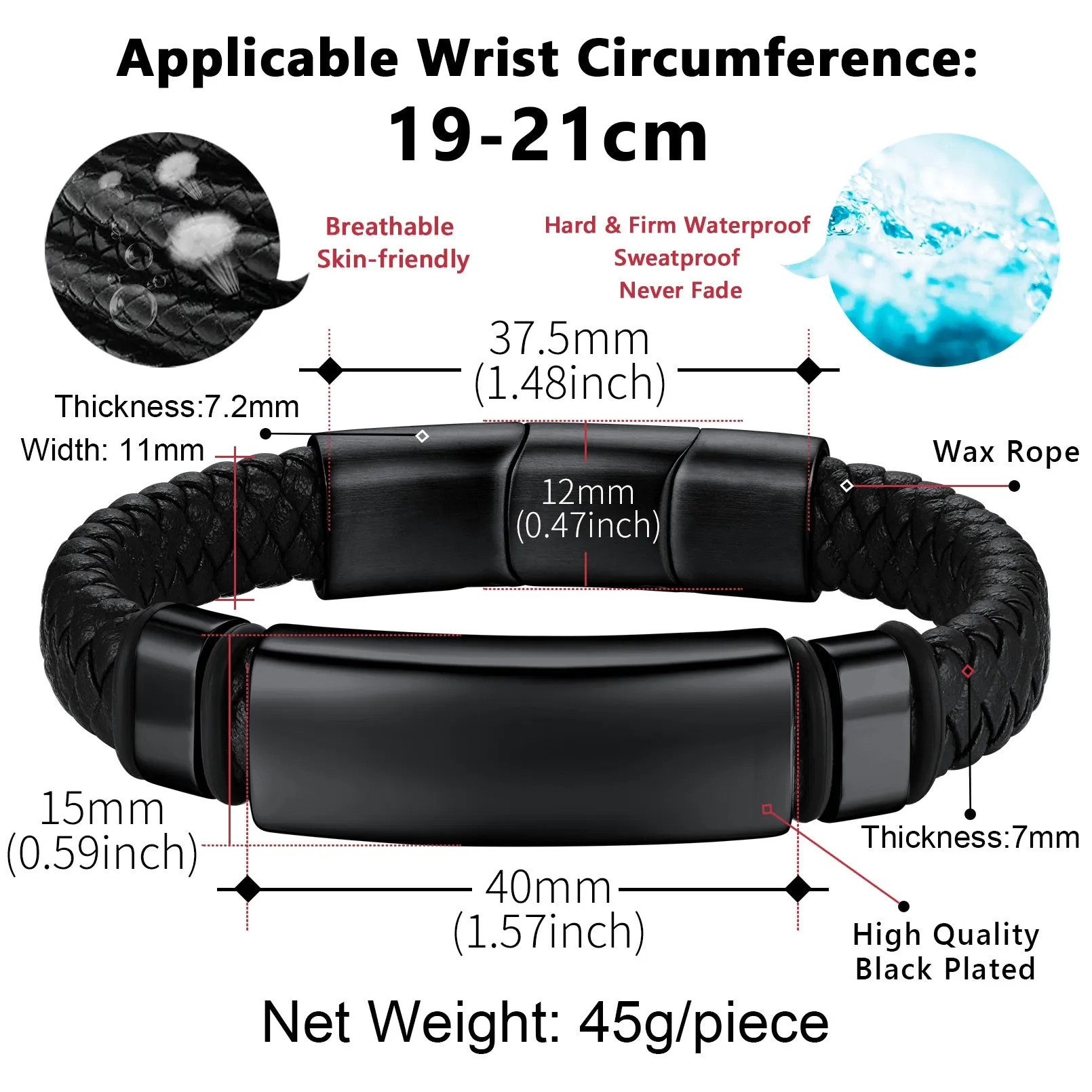 Custom Braided Black Engraved Leather Bracelet Cuff For Men