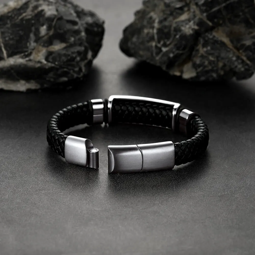 Custom Braided Black Engraved Leather Bracelet Cuff For Men