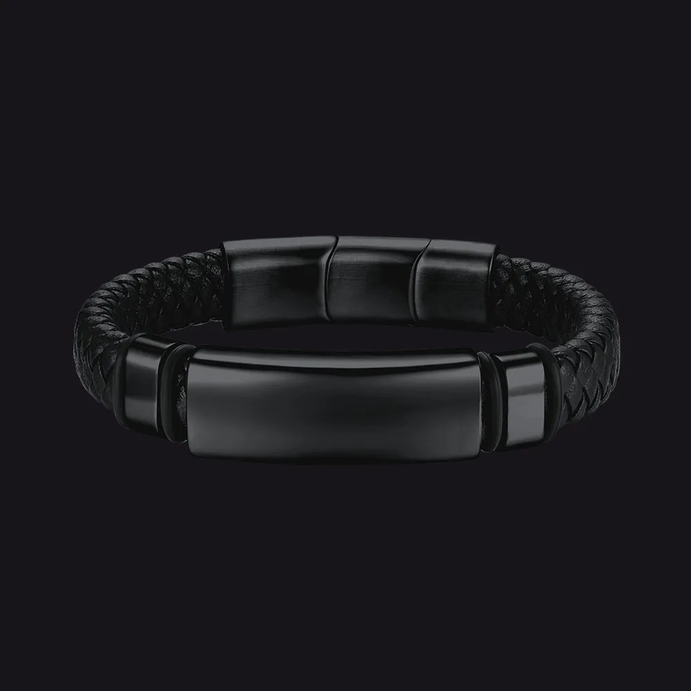 Custom Braided Black Engraved Leather Bracelet Cuff For Men