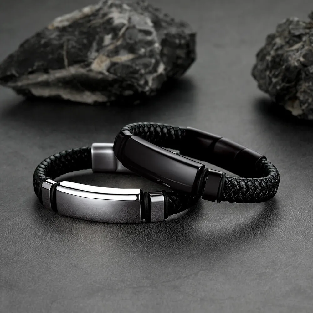 Custom Braided Black Engraved Leather Bracelet Cuff For Men