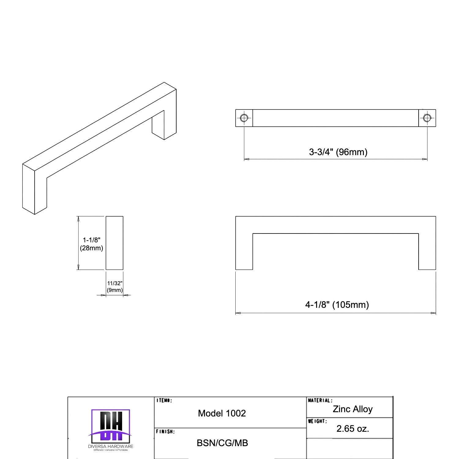 Diversa Matte Black 3-3/4" (96mm) Square Edge Solid Cabinet Bar Pull