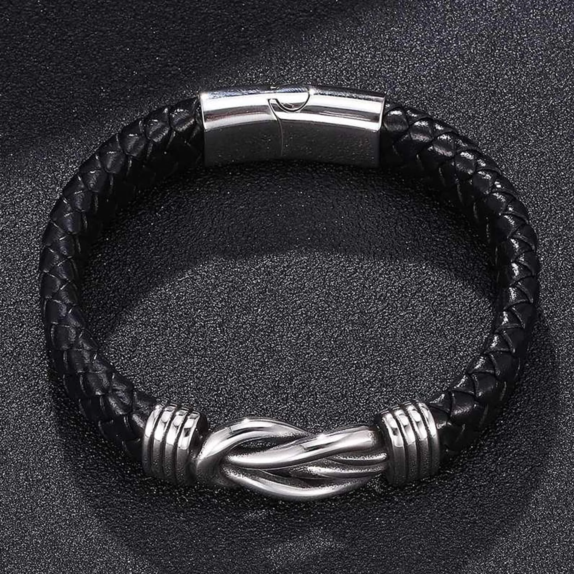 Fashion Frill Stylish Leather Bracelet For Men Stainless Steel Knot Black Bracelet For Menm Boys Love Gifts Mens Jewellery