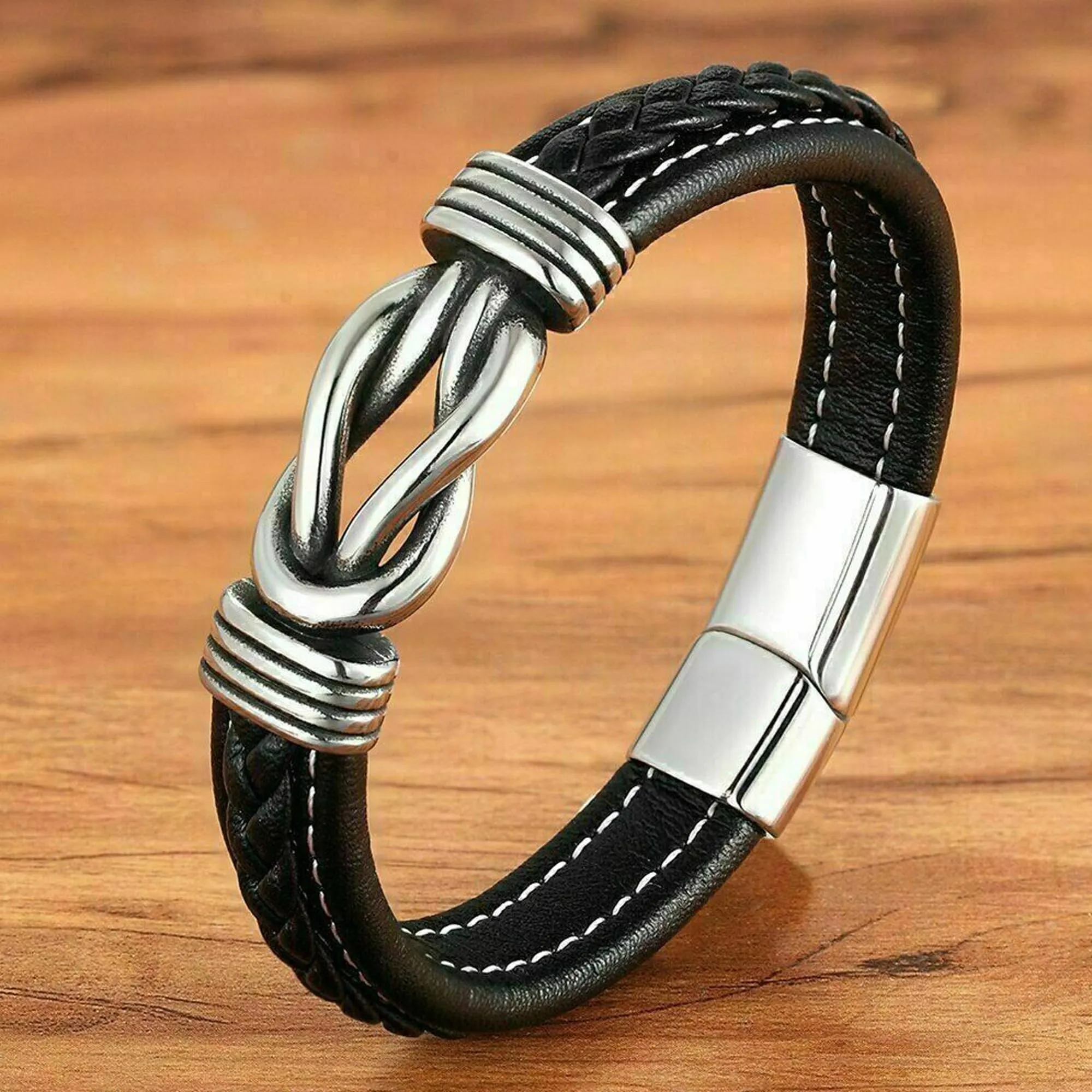 Fashion Frill Stylish Leather Bracelet For Men Stainless Steel Knot Black Bracelet For Menm Boys Love Gifts Mens Jewellery