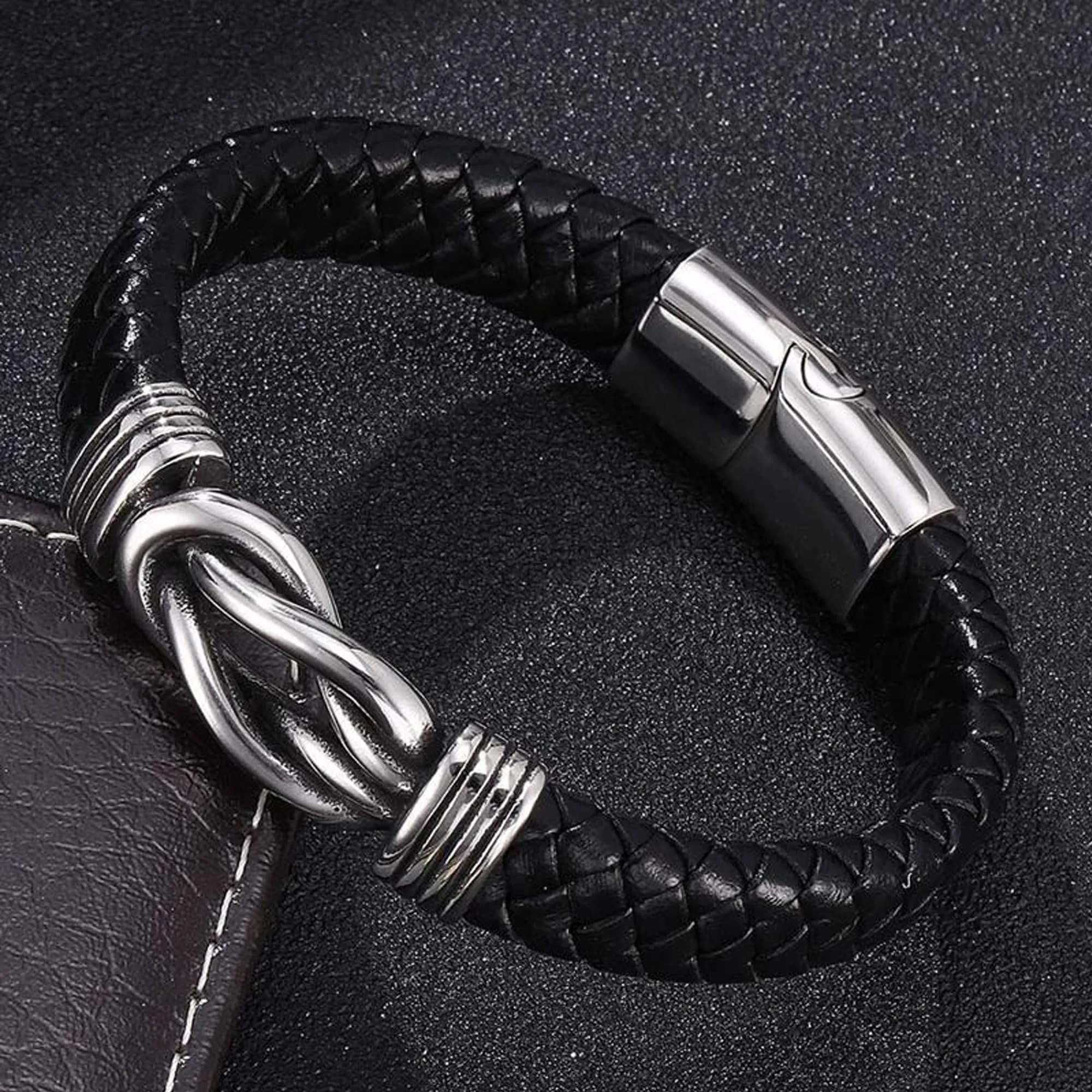 Fashion Frill Stylish Leather Bracelet For Men Stainless Steel Knot Black Bracelet For Menm Boys Love Gifts Mens Jewellery