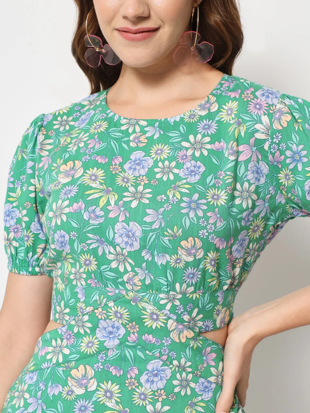 Floral Printed Cut-Out Detail Cotton Dress