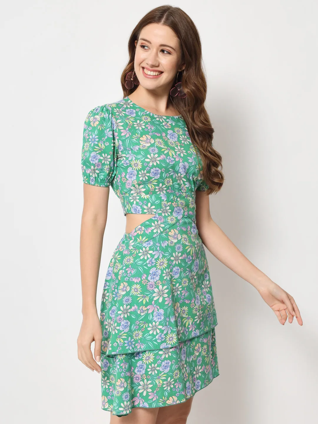 Floral Printed Cut-Out Detail Cotton Dress