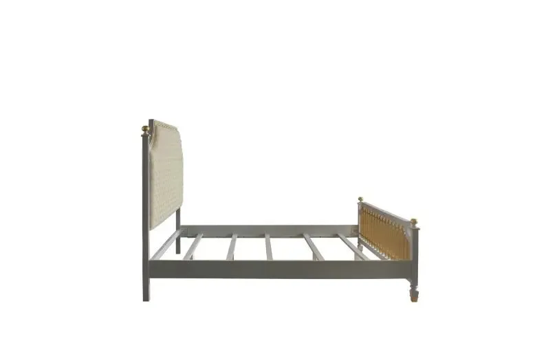 Florence California King Bed, Beige Faux Leather & Pearl Gray Finish