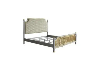 Florence California King Bed, Beige Faux Leather & Pearl Gray Finish